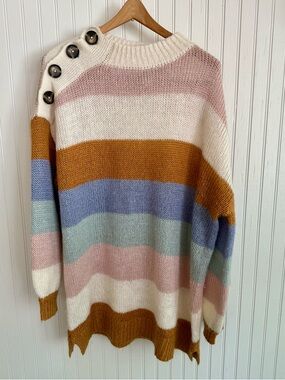 American Rag Button-Shoulder Sweater in Cream, Pink, Mustard & Blue